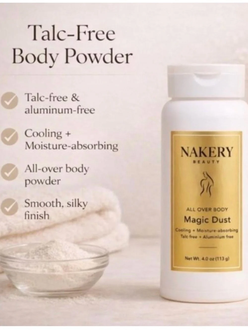 Nakery Beauty Magic Dust All-Over Body Powder — White with Gold Label